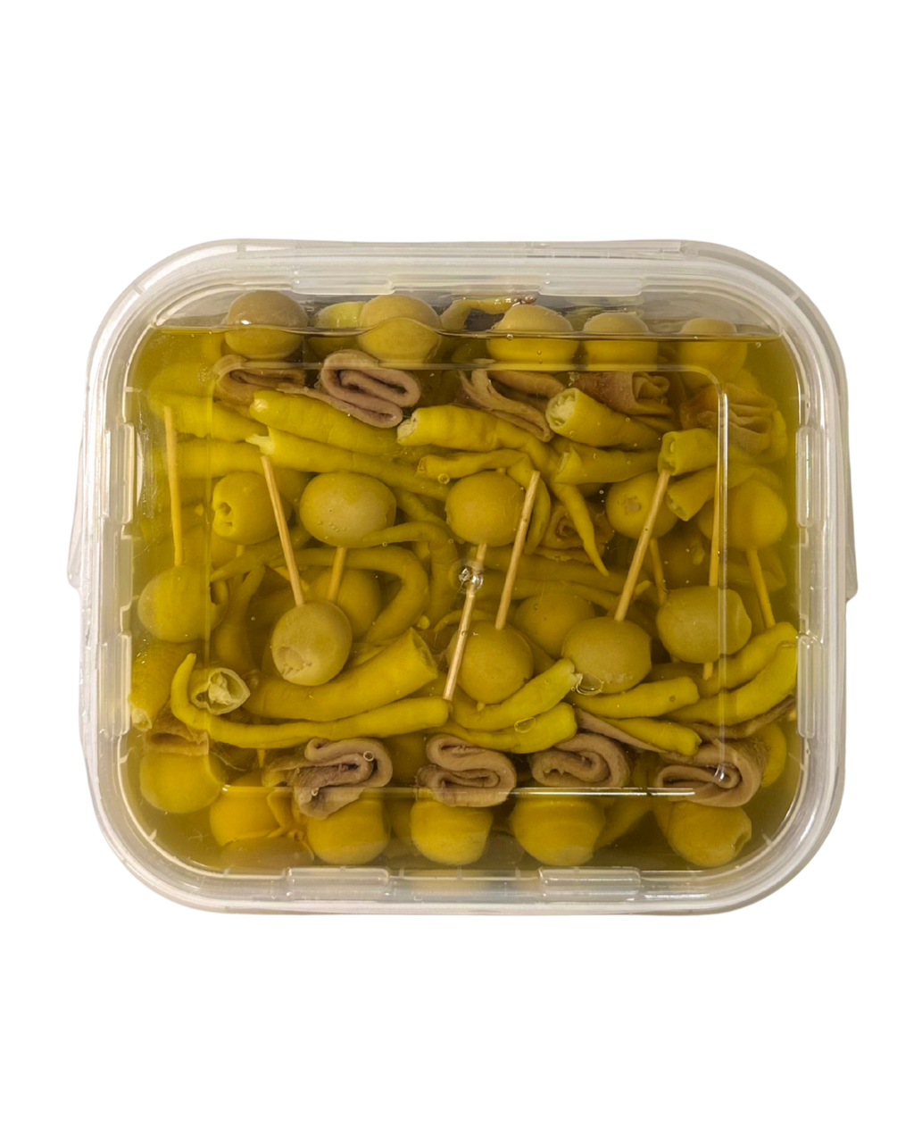 Cubo de 100 uds de gilda de Anchoa 
desde arriba